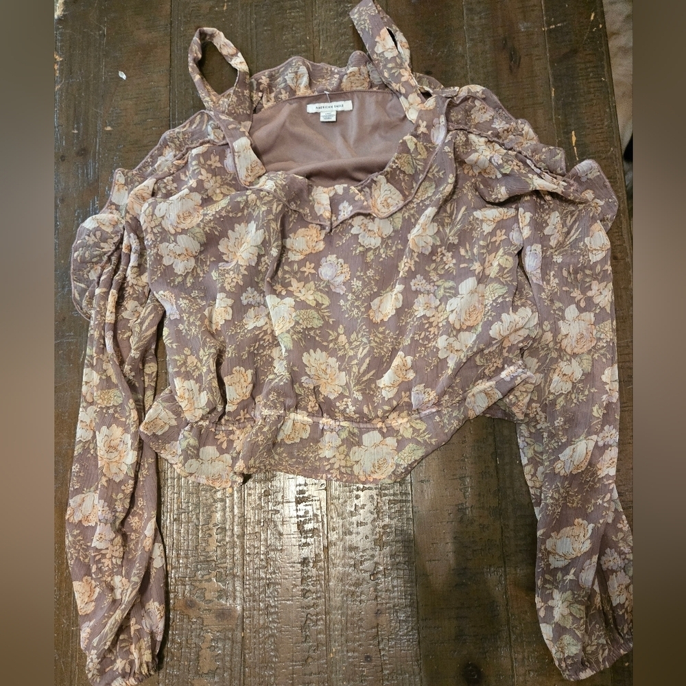 AE Large Floral Blouse Ruffle Boho Fairycore Vintage Feminine Wanderlust Neutral